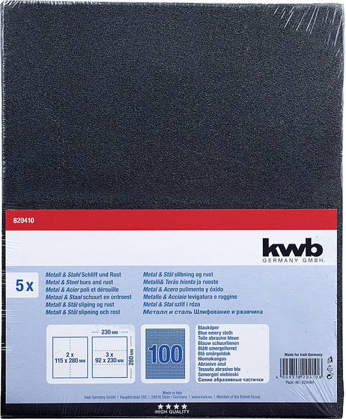 A pack of kwb sanding sheets for metal and steel processing, 5 pieces, dimensions: 115 x 280 mm and 93 x 230 mm, grit 100.