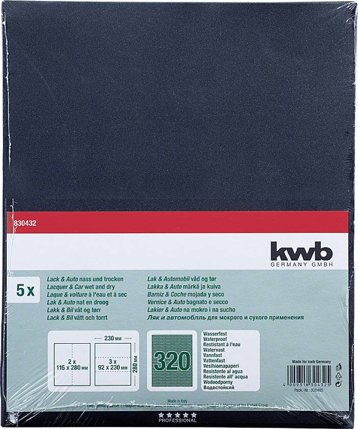 Sandpaper Set by KWBB, contains 5 sheets, 230 mm x 280 mm, 320 grit, suitable for wet and dry use, waterproof.