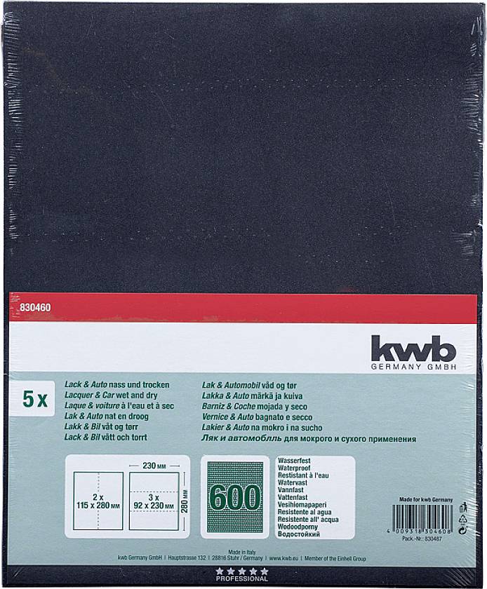 'Set of sandpaper, 5 sheets, grain size 600, for paint and automotive use. Dimensions: 230 x 280 mm.'