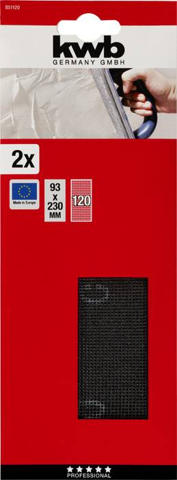 'kwb Germany GmbH' Packaging of a sanding sheet, size 93 x 230 mm, grit 120, 2 pieces. Product image with red background.
