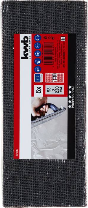 Product packaging for sanding mesh with red and black label. Details: 5 pieces, Grit 180, Size 93 x 280 mm, for drywall.