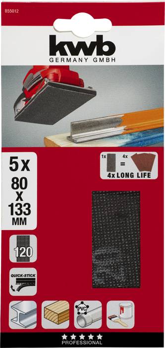 Abrasive Paper Packaging, Pack of 5, 80 x 133 mm, Suitable for Wood, Metal, Plastic. Includes Image of Sander in Action.