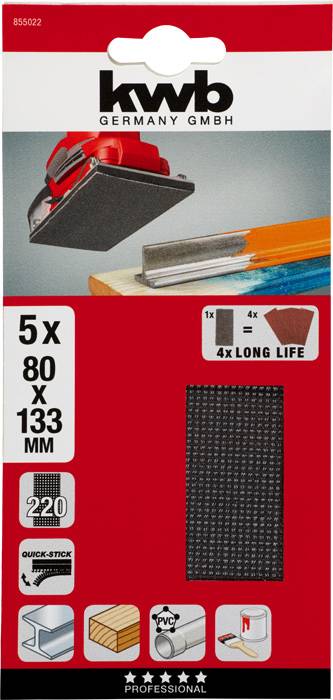 Sandpaper Set with 5 Sheets, Size 80 x 133 mm, Grit 220. Suitable for Wood, Metal and Varnish. Contains 4x Extended Lifespan.