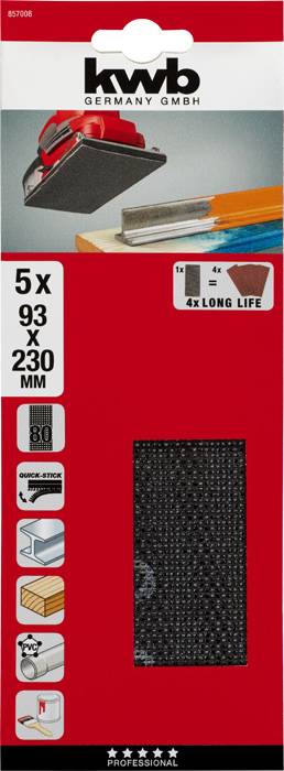 A pack of kwb sanding sheets, size 93 x 230 mm, suitable for wood, paint, and varnish. Contains five pieces.