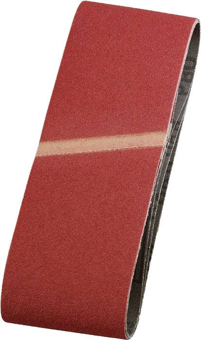 Red sanding belt with medium grit, rectangular and slightly curved, suitable for grinding machines.