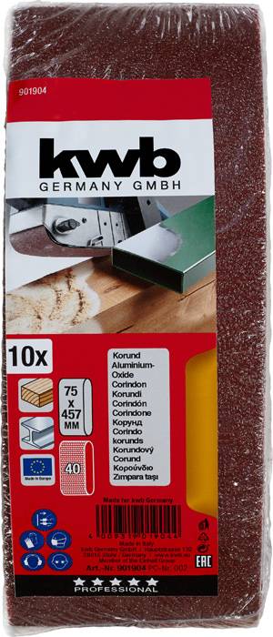 Pack of 10 sanding sheets by 'kwb Germany GmbH', dimensions 75 x 457 mm, aluminium oxide, grit 40, suitable for various sanding tasks.