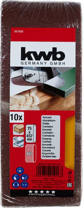 Packaging for a 'kwb' brand sandpaper, showing 10 strips measuring 75 x 457 mm, made of aluminium oxide material, grit size 60.