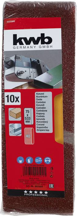 'Kwb Sanding Sponge Set, 10 Pieces, 75 x 5 x 3 mm, Grit 40. Illustration shows machine in use.'