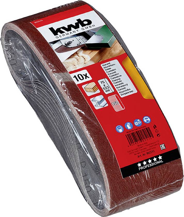Sanding Belt Set by kwb Germany GmbH, 10 Pieces, Grit 40-150, 75x533 mm, for Wood and Metal Processing, Professional.