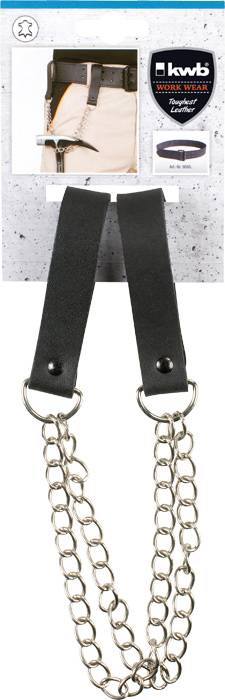 Tool belt chain holder, depicted with a metal chain and two black leather straps, attached to trousers.