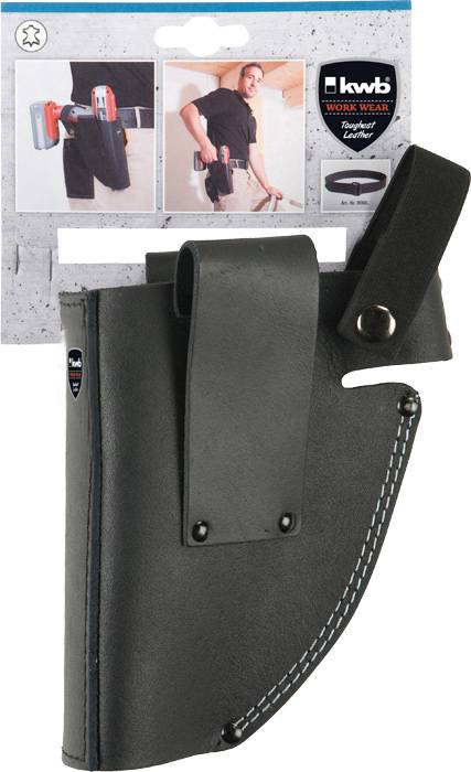 Black tool bag with belt attachment, pictured with person carrying a drill. Packaging emphasises 'Work Wear' with robust design.