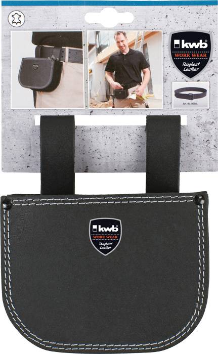 Leather pouch designed to attach to a belt, suitable for work, shown with a builder and belt example.