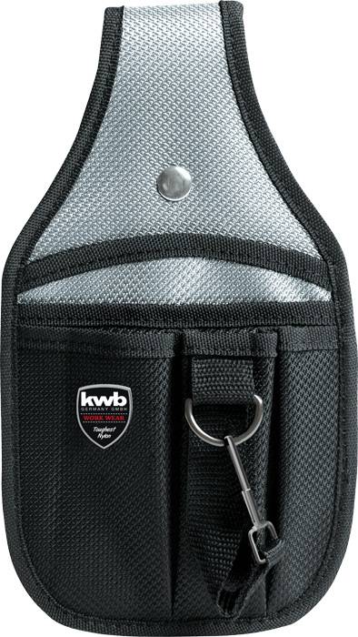 Tool bag made of black fabric and grey faux leather, with multiple compartments and a metal ring for securing tools.