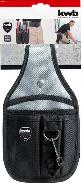 Tool holder made from robust material with multiple compartments. An illustration shows the holder in use on a belt. Brand name 'kwb'.
