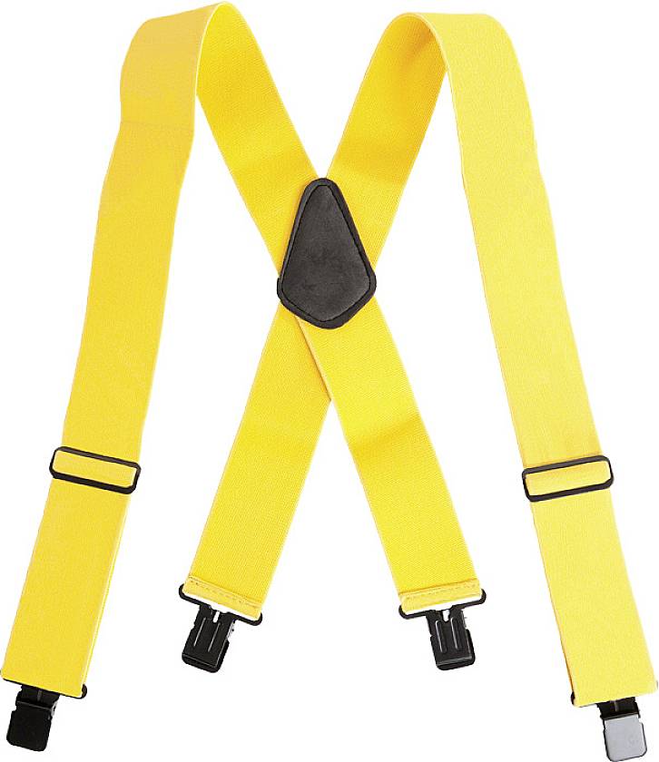 Yellow braces with a black triangle on the back section. Adjustable buckles and clips at the ends.
