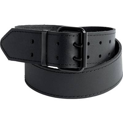 Black leather belt with metal buckle and multiple holes for size adjustment, shown rolled up.