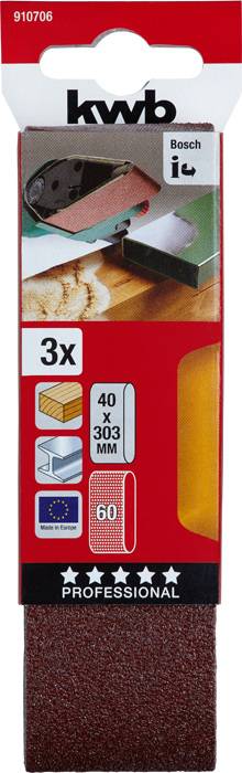 Packaging of kwb sanding belts, suitable for belt sanders. Contains 3 pieces measuring 40 x 303 mm with a grit size of 60.