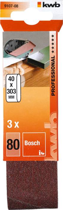 Sanding Paper Set 40x303 mm, Grit 80, for Bosch Devices. Packaging shows an image of a belt sander in use on a wooden surface.