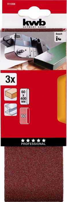 'Sanding paper for belt sanders, size 60 x 400 mm, grit 60. Pack of three, suitable for woodworking and metalworking.'