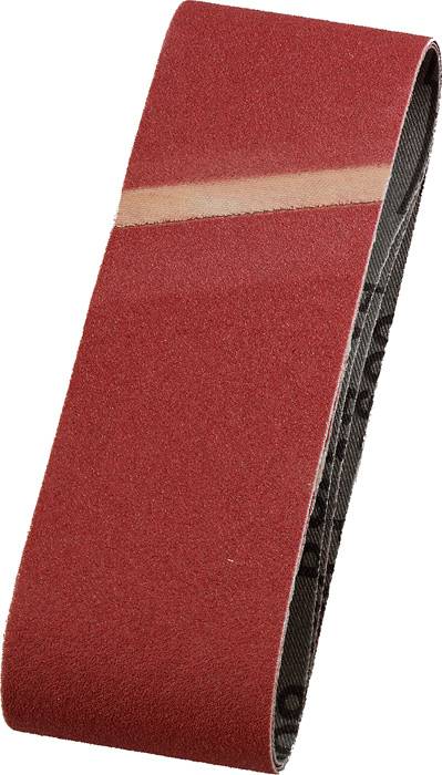 A red abrasive belt with an implied repair point in the centre, suitable for industrial grinding operations.