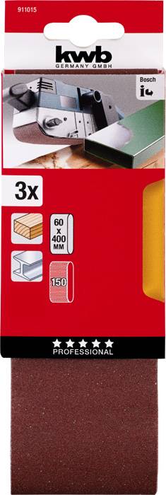 Sanding Belts Packaging, Brand 'kwb', for Bosch Devices. Contains three pieces, Size 60 x 400 mm, Grit 150.