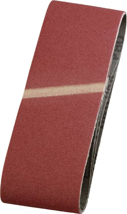 Red sanding belt, oval-shaped, with a beige seam in the middle. Ideal for sanding work on wood or metal.