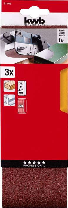 Packaging for a KWB sanding belt set, showing three sanding belts measuring 75x457 mm, grit 60, for belt sanders.