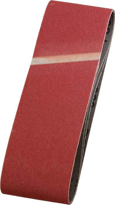 A red abrasive belt used in a grinding machine to smooth surfaces or remove material.