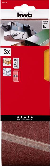 Packaging for kwb sandpaper. Contains three sheets, suitable for wood, paint and metal with grits 75, 100, 150.