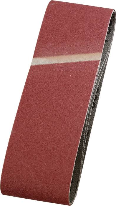 A red sanding belt, oval in shape, for belt sanders. It has a coarse grit for sanding wood or metal surfaces.