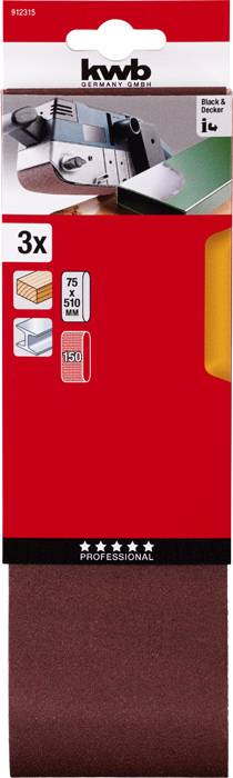 Pack of sanding sheets for belt sander, brand 'kwb', contains 3 pieces, sizes 75 x 510 mm in grits 40, 80 and 120.