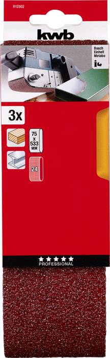 Packaging of sanding belts with '3x' printed on it, dimensions 75 x 533 mm, grit 24. Image of an electric power tool.