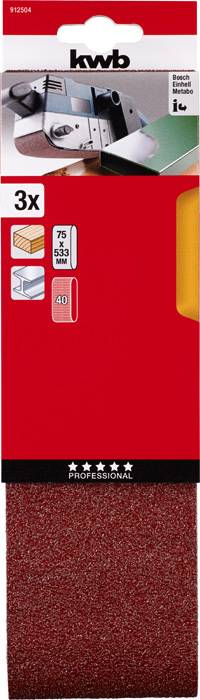 Red sanding sheet packaging by 'kwb'. Top photos of sanding tools, 3 pieces, various grits.