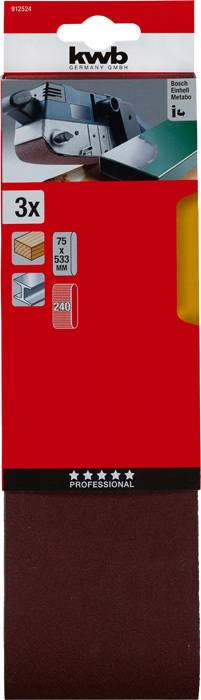 'kwb' Sandpaper Set, 3 Pieces, for Various Materials. Includes Grits 75, 80, and 240, Suitable for Hand or Machine Use.