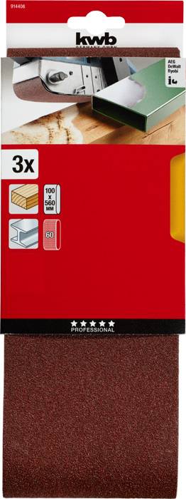 KWB Sanding Belt Pack with 3 sanding belts in the size 100 x 560mm. Suitable for wood, paint and metal. Grit 60.
