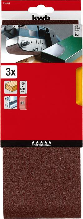 'Illustration of a 3-pack of sandpaper by kwb, suitable for woodworking, in grits 100, 60 and 80, marked as professional.'