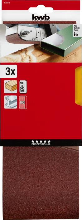 'Kwb' Sandpaper Pack, red design, contains 3 sheets with grits 100, 150, 180. Suitable for wood and metal.