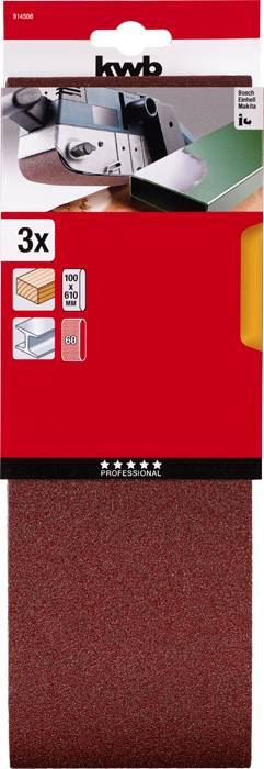 In the centre of the image is a rust-brown sandpaper pack from the brand 'kwb'. At the top, illustrations of a belt sander can be seen.