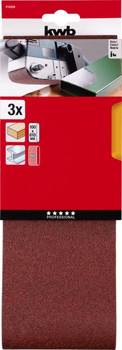 Packaging containing three sanding belts with grit sizes 60, 80 and 100 for belt sanders. Includes an illustration of a belt sander in use.