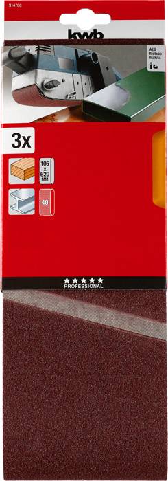 Sanding belt pack with three belts, suitable for electric belt sanders. Includes 40 and 100 grit sizes.