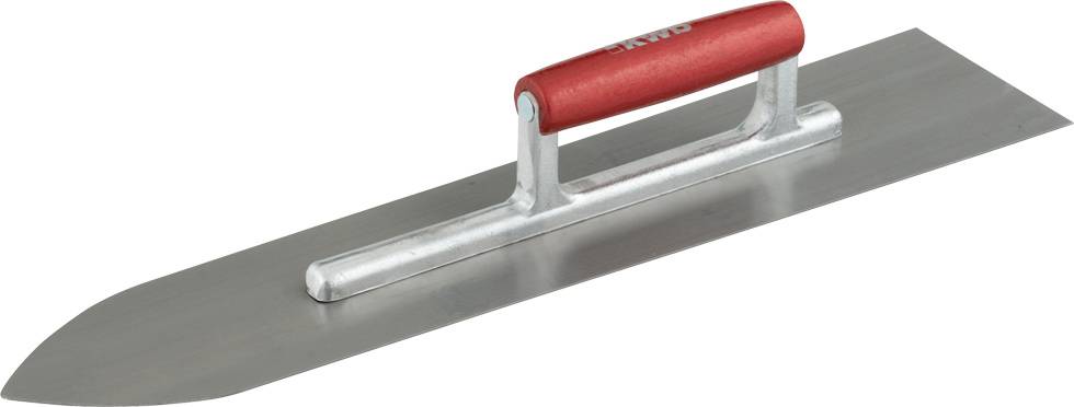 A trowel with a metal blade and red handle, used in construction for smoothing and working surfaces.