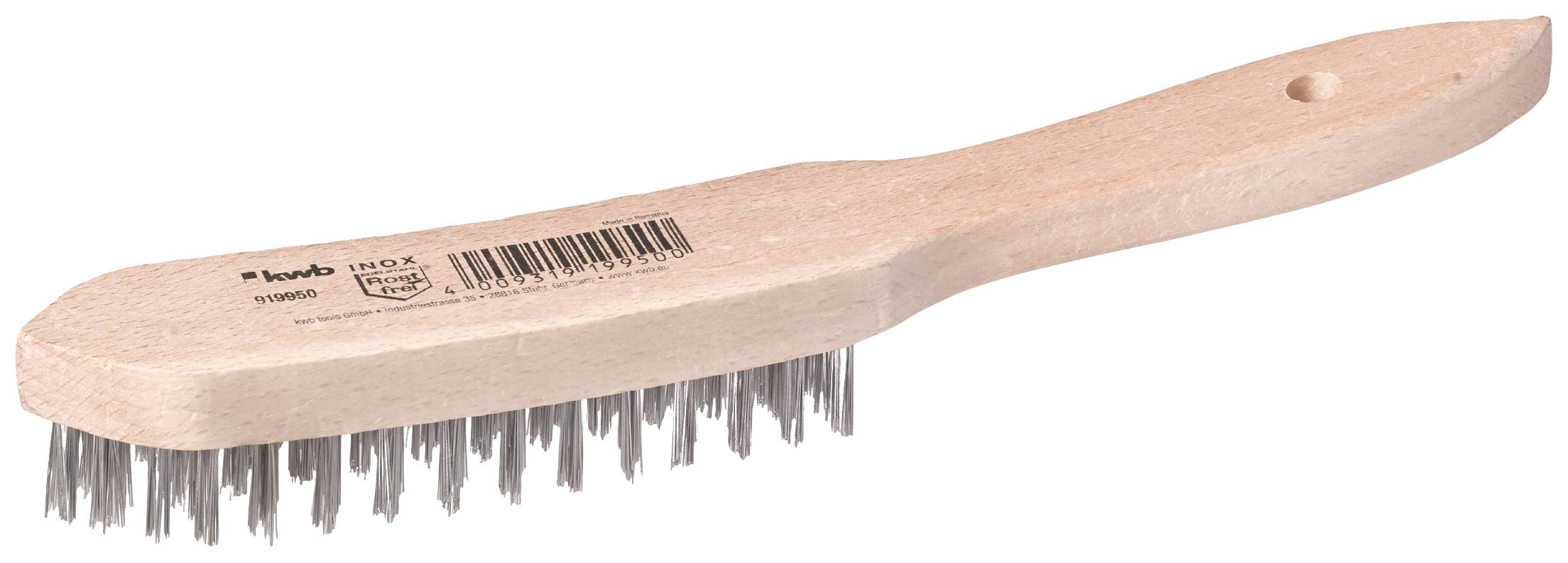 Wooden brush with metal bristles, suitable for cleaning hard surfaces. Handle has a hole for hanging.