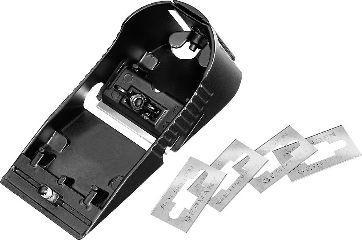 A black plane with four removable blades lying beside it. Suitable for precisely scraping materials.