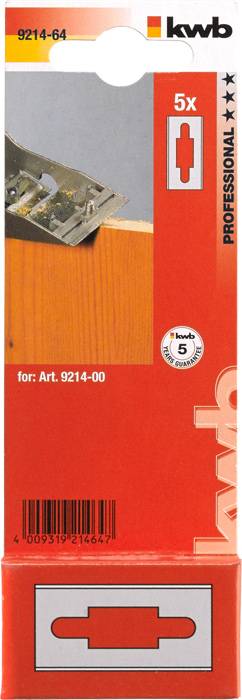 Packaging of kwb with 5 replacement blades for plane, suitable for item no. 9214-00, designed in red and white, with product illustration in the top left corner.