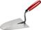 Trowel with a red wooden handle and metallic blade, slightly curved, used for construction or gardening work.