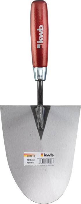 Trowel with a red handle and a shiny metal blade.