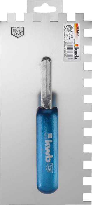 'Filling knife with blue handle. Attached to cardboard holder. Manufacturer's logo in top left. Product label in top right with barcode and product information.'
