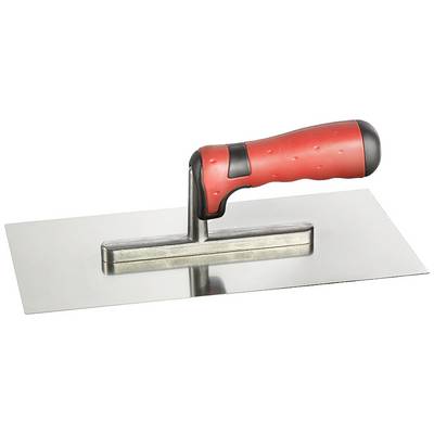 A trowel with a red handle and rectangular metal surface, used for smoothing concrete or rendering work.