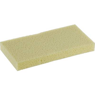 A rectangular yellow sponge with a uniform, porous surface lies on a white surface.