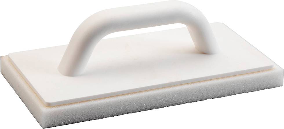 A white hand scrubber with a rectangular sponge and handle, used for smoothing or scrubbing surfaces.